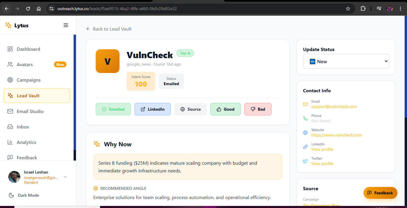Lytus C.O.R.E lead detail showing VulnCheck with 100 intent score, Series B funding signal, recommended outreach angle and contact info